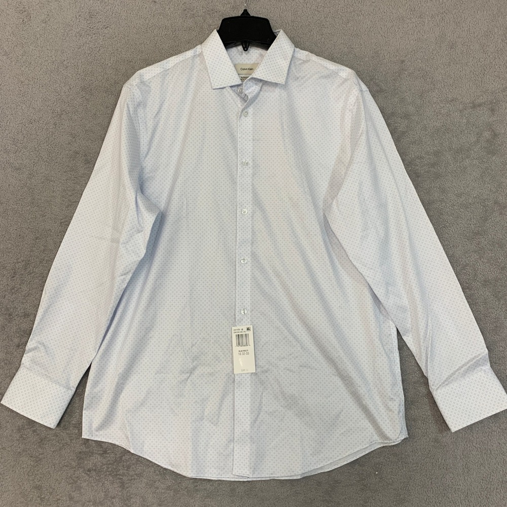 NWT Calvin Klein Refined Cotton Dress Shirt Men's L/16 Blue Multi Regular Fit